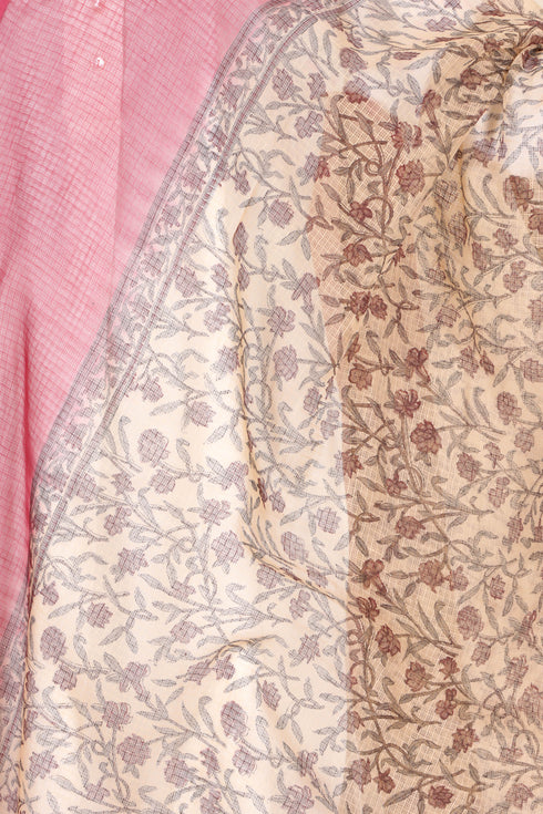 Kota Doria Dupatta With Floral Block Print